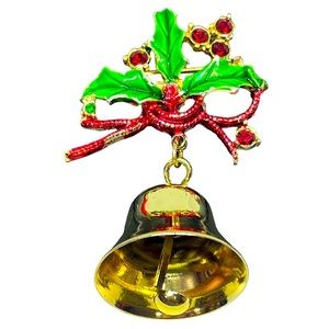 Gold Crown Inc Christmas jingle bell brooch pin red & green enamel rhinestones